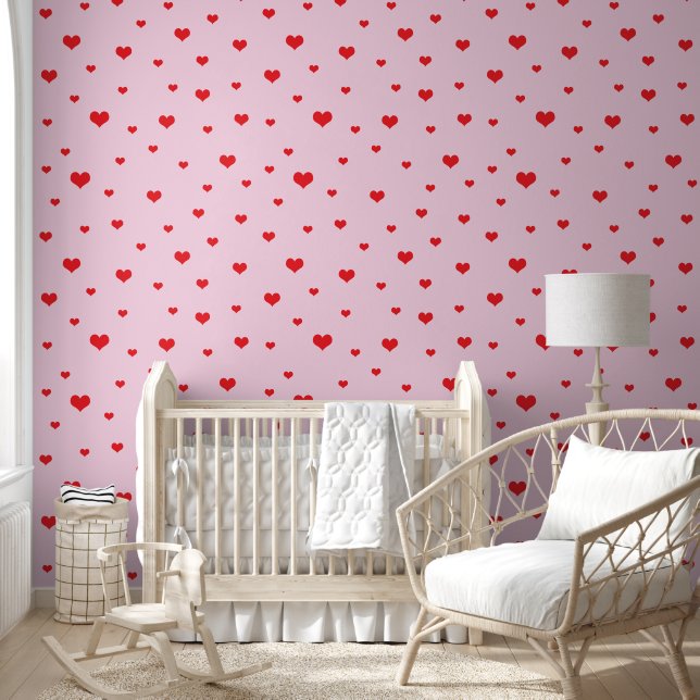 Scattered Red Hearts on Light Pink Wallpaper (Kids)