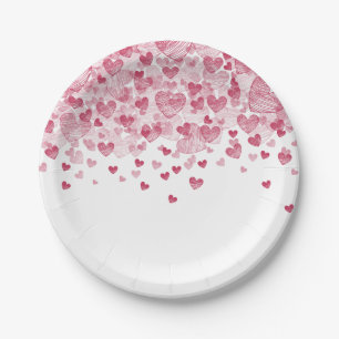 Scattered Red Hearts Valentine's Day Party Paper Plate