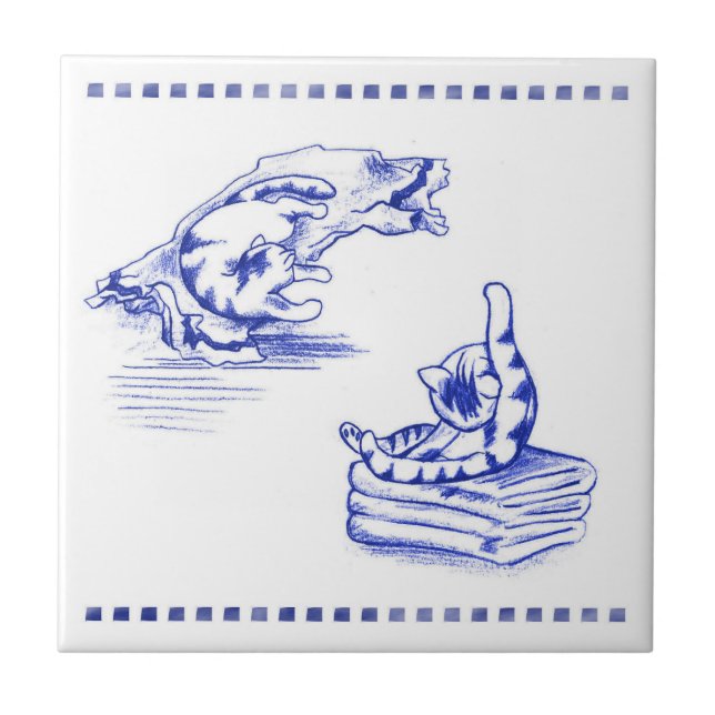Scattered Towels Kitty Cat Bathroom Toile Look Ceramic Tile (Front)