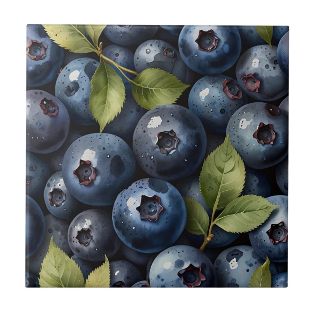 Scattered Watercolor Blueberries Pattern Ceramic Tile (Front)