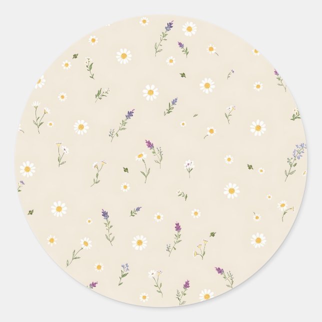 Scattered Wildflower Pattern with Daisies  Classic Round Sticker (Front)