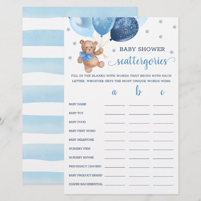 Scattergories Game Baby Shower Teddy Bear  (Front/Back)