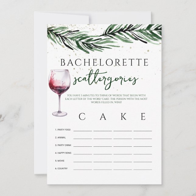 Scattergories Wine Pines Bachelorette game card (Front)