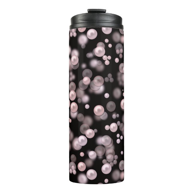 Scatterings of pink and white pearls on black velv thermal tumbler (Front)