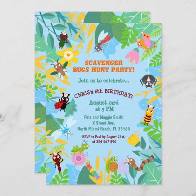 Scavenger bugs hunt birhtday party invitation (Front/Back)