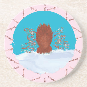 Scavenger hunt fun squirrel digging on pastel pink coaster