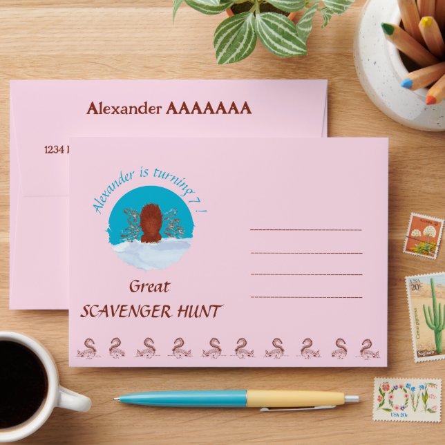 Scavenger hunt fun squirrel digging on pastel pink envelope (Desk)