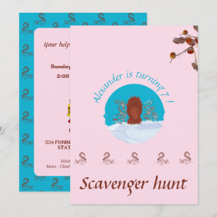 Scavenger hunt fun squirrel digging on pastel pink invitation