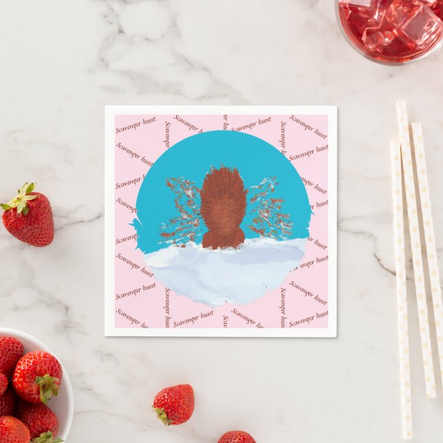 Scavenger hunt fun squirrel digging on pastel pink napkin (Insitu)