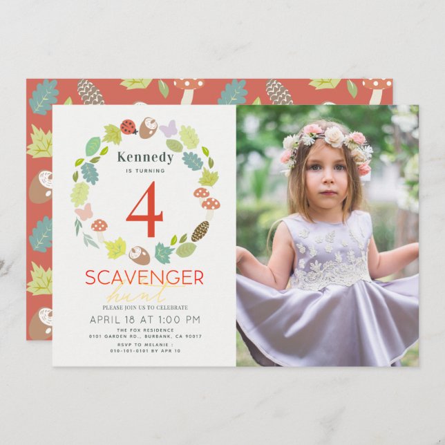 Scavenger Hunt Nature Trail Red Photo Birthday Invitation (Front/Back)