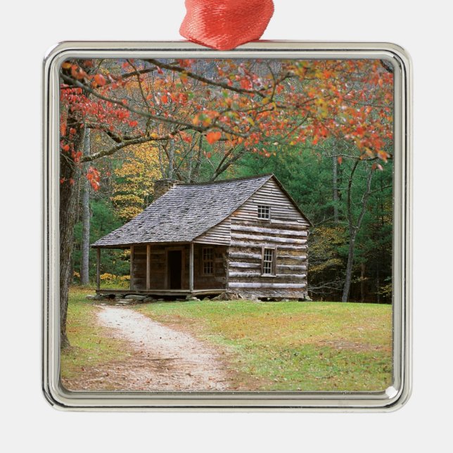 Scene Historic Log Cabin In Smoky Metal Tree Decoration (Front)
