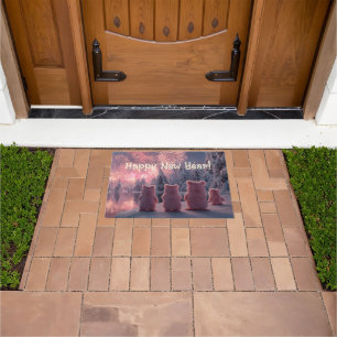 Scene of a Pink Bear Family watching Fireworks Doormat