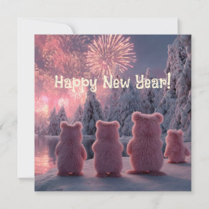 Scene of a Pink Bear Family watching Fireworks Holiday Card