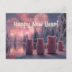 Scene of a Pink Bear Family watching Fireworks Postcard