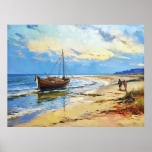 Scene of Fishermen on the Baltic Sea Beach with Fi Poster