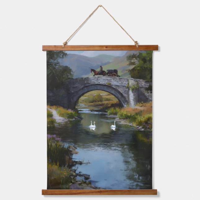 Scene of horse carriage on a bridge over stream hanging tapestry (Front)