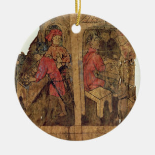 Scenes of banking operations, page from a manual, ceramic ornament