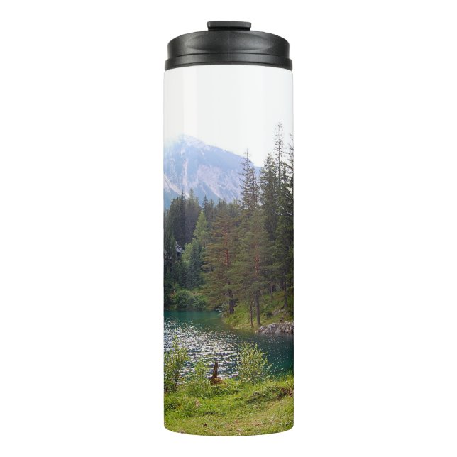 Scenic Alpine Forrest and Lake Photo Thermal Tumbler (Front)