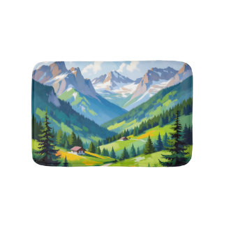 Scenic Alpine Landscape – Lush Valley and Snow Bath Mat