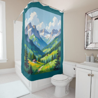 Scenic Alpine Landscape - Lush Valley and Snow Shower Curtain