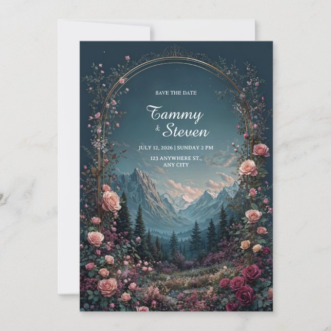 Scenic Alpine Valley Floral Arch Evening Wedding Invitation (Front)