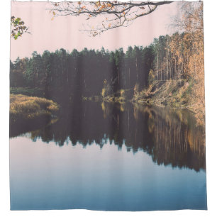 Scenic autumn coloured river in country with trees shower curtain