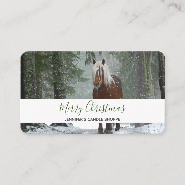 Scenic Brown Horse in a Winter Forest Christmas Business Card (Front)