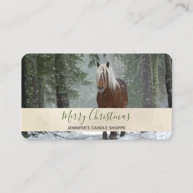 Scenic Brown Horse in a Winter Forest Christmas Business Card (Front)