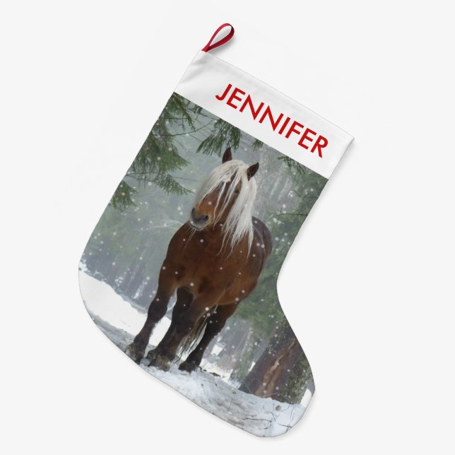 Scenic Brown Horse in a Winter Forest Christmas Large Christmas Stocking (Front (Hanging))