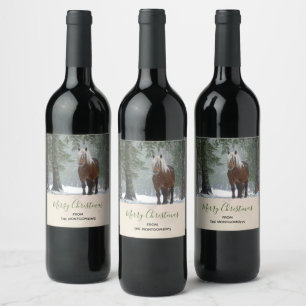 Scenic Brown Horse in a Winter Forest Christmas Wine Label