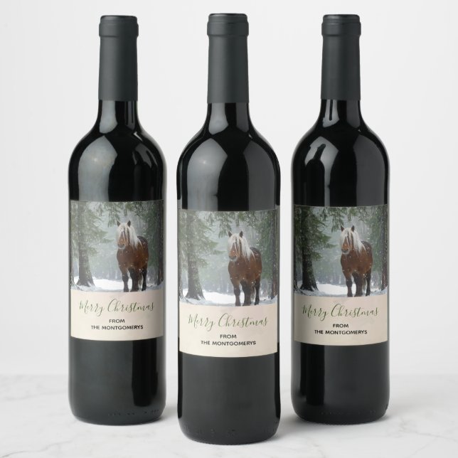 Scenic Brown Horse in a Winter Forest Christmas Wine Label (Bottles)