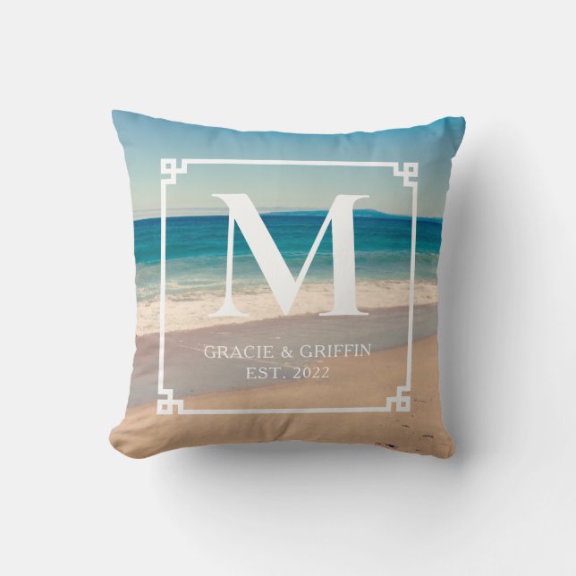 Scenic California Beach Photo Wedding Monogram Cushion (Front)