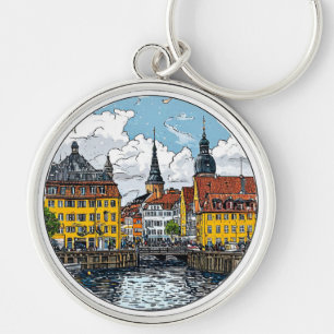 Scenic Cityscape of Colourful Townhouses Key Ring