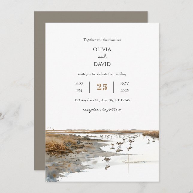 Scenic Coastal Birds Art Watercolor Beach Wedding  Invitation (Front/Back)