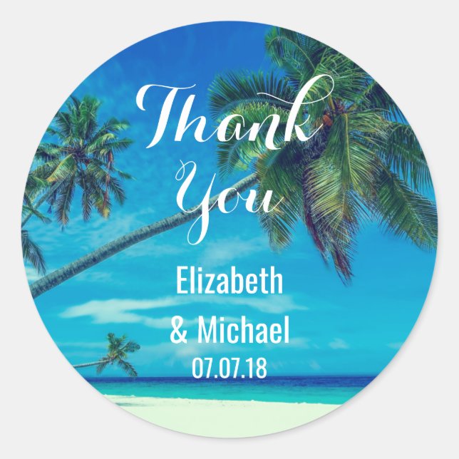 Scenic Coconut Palms Wedding Thanks Classic Round Sticker (Front)