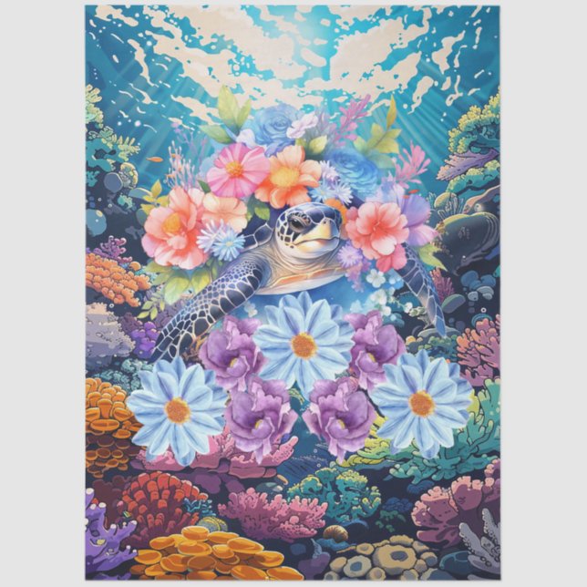 Scenic Coral Reef & Floral Sea Turtle Decoupage Tissue Paper (Front)