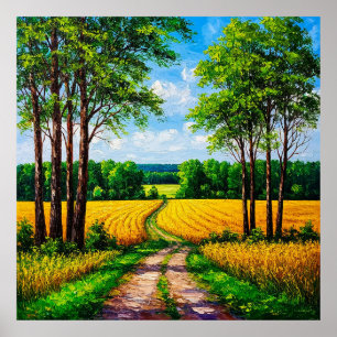 Scenic Countryside Pathway Amid Golden Fields Poster