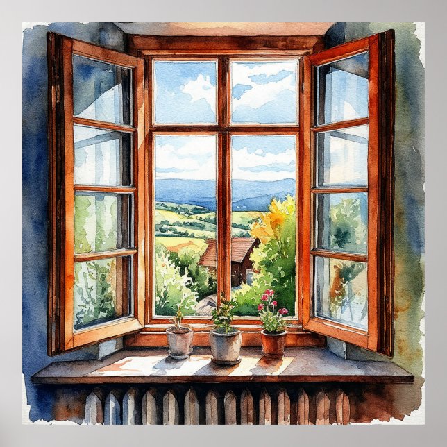Scenic Countryside View Through Sunny Open Window Poster (Front)