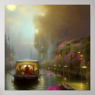 Scenic Flower Boat Canal Digital Art Poster