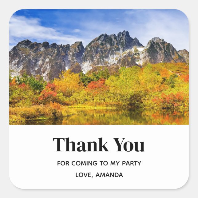 Scenic Forest and Mountains Party Thank You Square Sticker (Front)