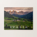 Scenic Funes Valley, Dolomites, Italy Jigsaw Puzzle<br><div class="desc">This design features a photo of a church nestled in the scenic Funes Valley in South Tyrol,  Italy,  with the Dolomites mountains in the background The word "Italia" (Italy) appears at the bottom in white open-face typography. Image by Alessandro DeRosso from Pixabay.</div>