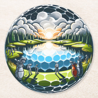 Scenic Golf Course at Sunrise with Players Round Paper Coaster