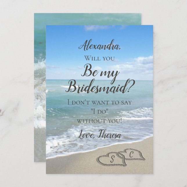 Scenic Hearts in the Sand Beach be my Bridesmaid Invitation (Front/Back)