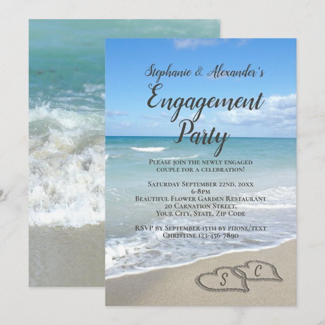 Scenic Hearts in the Sand Beach Engagement Party Invitation (Front/Back)