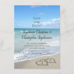 Scenic Hearts in the Sand Beach Save the Date Invitation<br><div class="desc">Scenic hearts in the sand beach image, for visions of relaxation in paradise, celebrate your beach wedding with this lovely design. Two interlocking hearts drawn in the beach sand on the ocean shore, perfect for a destination, island, tropical paradise coastal nautical event. Blue turquoise and tan sand with white waves...</div>