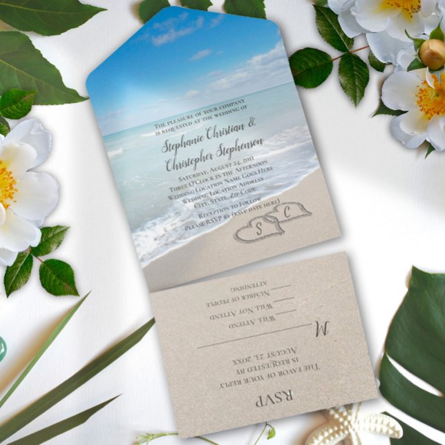 Scenic Hearts in the Sand Beach Wedding All In On One Invitation (Creator Uploaded)