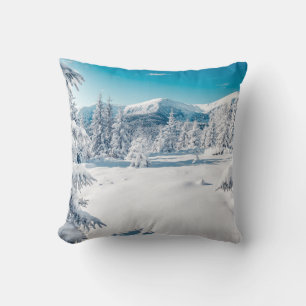Scenic image of spruces tree. Frosty day, calm win Cushion