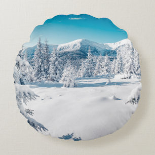 Scenic image of spruces tree. Frosty day, calm win Round Cushion