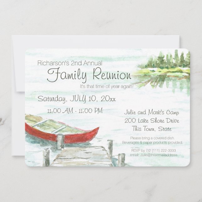 Scenic Lake and Canoe Family Reunion Invitation (Front)