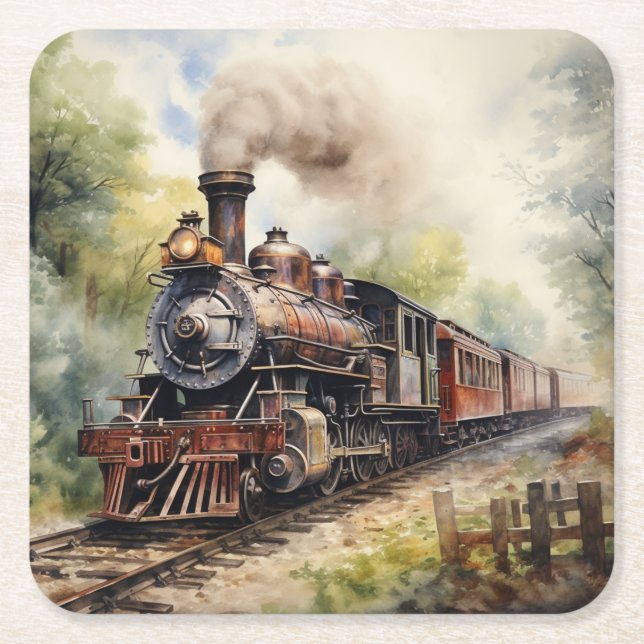 Scenic Landscape a Victorian Train Square Paper Coaster (Front)